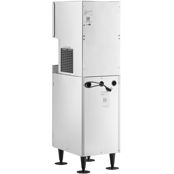 A stainless steel Hoshizaki air-cooled hands-free ice maker and water dispenser with a floor stand and built-in storage bin.