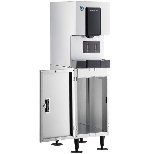 A commercial hands-free ice maker and water dispenser with a floor stand and built-in storage bin.