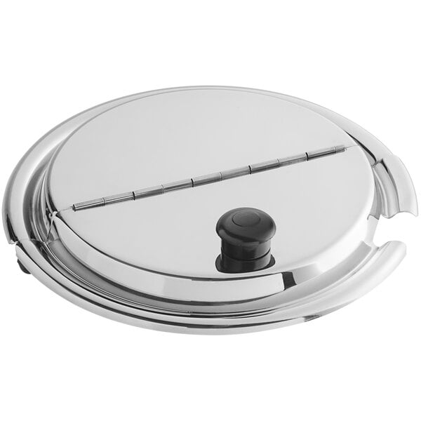 A round stainless steel notched and hinged inset cover with a black knob handle.