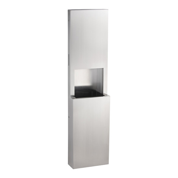 A stainless steel surface-mounted paper towel dispenser and waste receptacle with a satin finish.