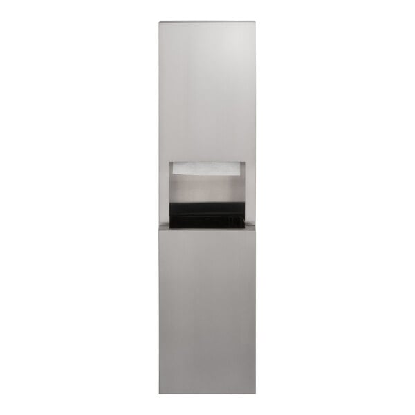 A stainless steel surface-mounted paper towel dispenser and waste receptacle with a satin finish.