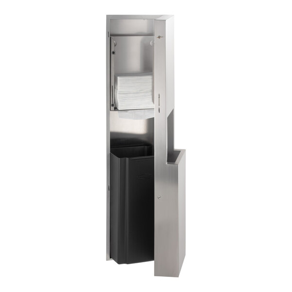 A stainless steel surface-mounted paper towel dispenser and waste receptacle with a satin finish.