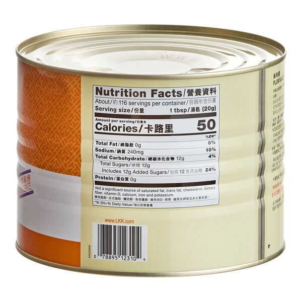 A large metal can of Lee Kum Kee Plum Sauce with a nutrition facts label and barcode visible on the side.