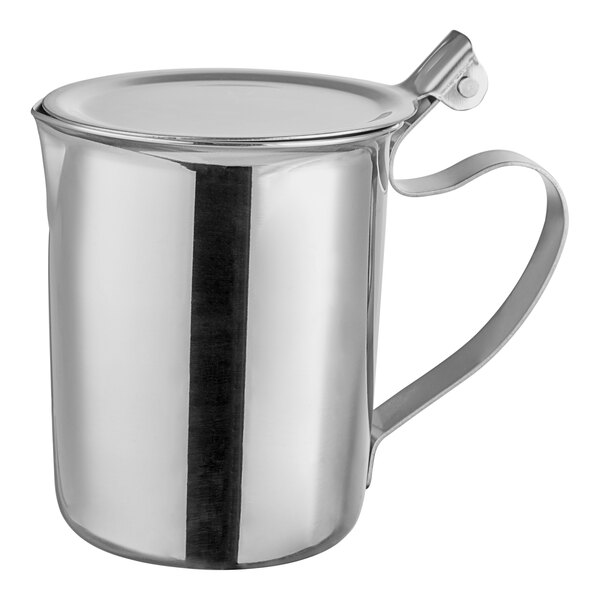 A stainless steel creamer with a closed handle and a lid.
