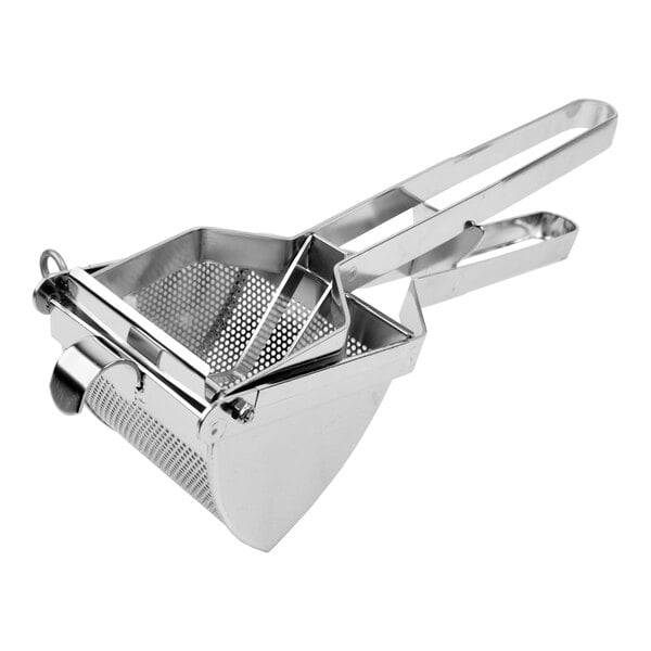 A stainless steel potato ricer with a perforated basket and two handles.