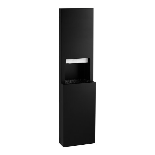 A matte black surface-mounted paper towel dispenser and waste receptacle combination unit.