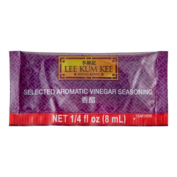 A single-use packet of Lee Kum Kee Selected Aromatic Vinegar Seasoning containing 8 mL.