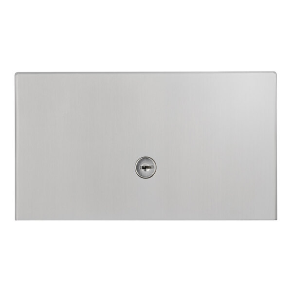 A rectangular, surface-mounted sanitary napkin disposal unit with a satin finish and a central key lock.