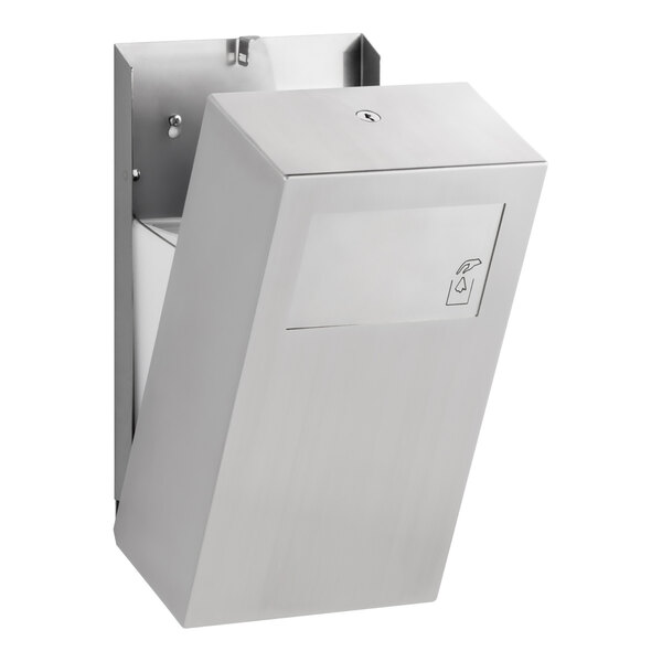 A surface-mounted stainless steel sanitary napkin disposal unit with a satin finish.