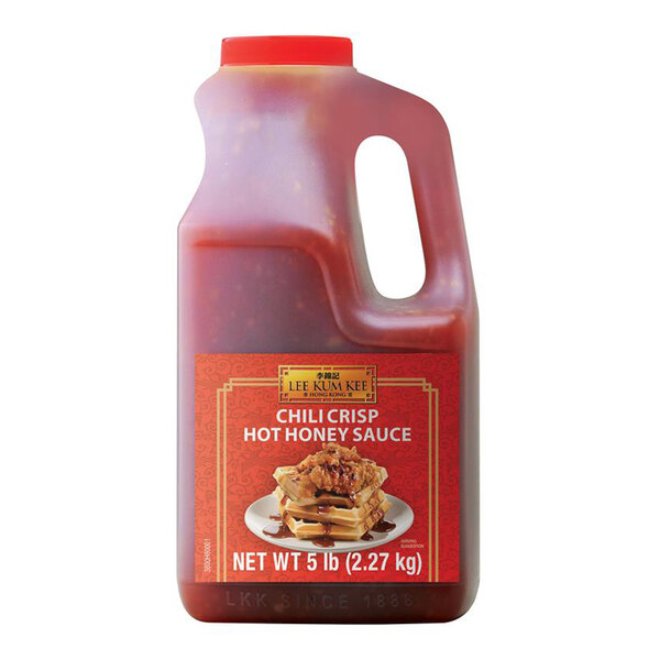A 5 lb. jug of Lee Kum Kee Chili Crisp Hot Honey Sauce.