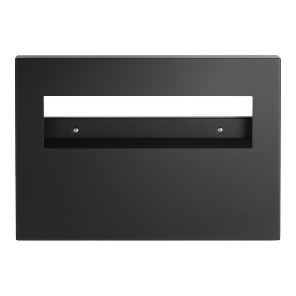 A rectangular, matte black surface-mounted seat cover dispenser with a horizontal slot opening.