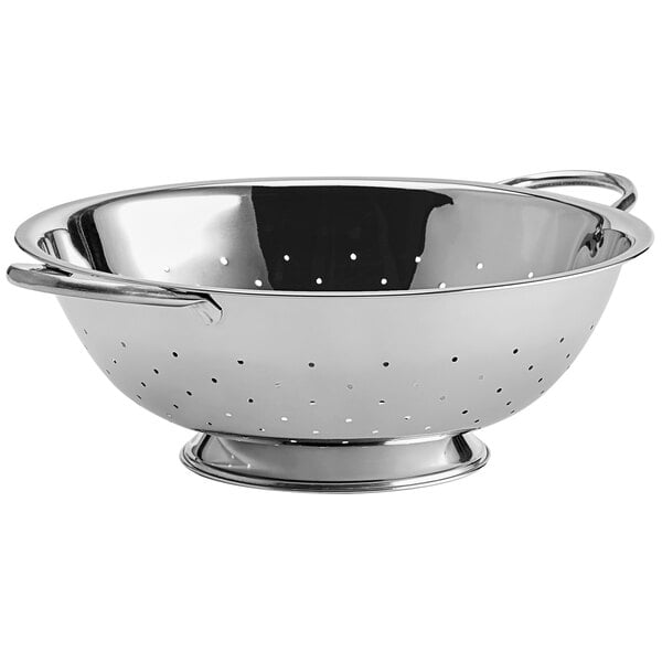 A stainless steel colander with a base and two handles.