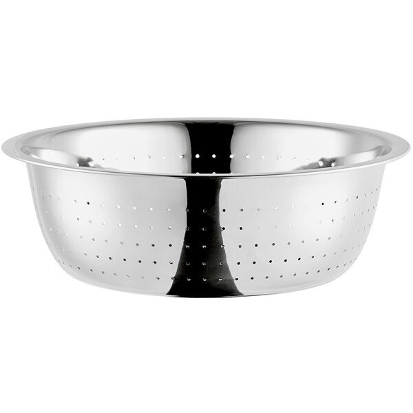 A stainless steel fine Chinese colander with small perforations and an 8.1 quart capacity.