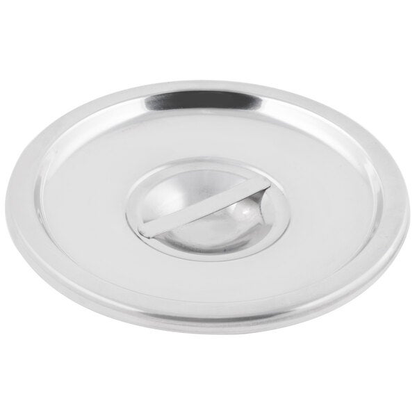 A stainless steel bain marie cover with a central handle.