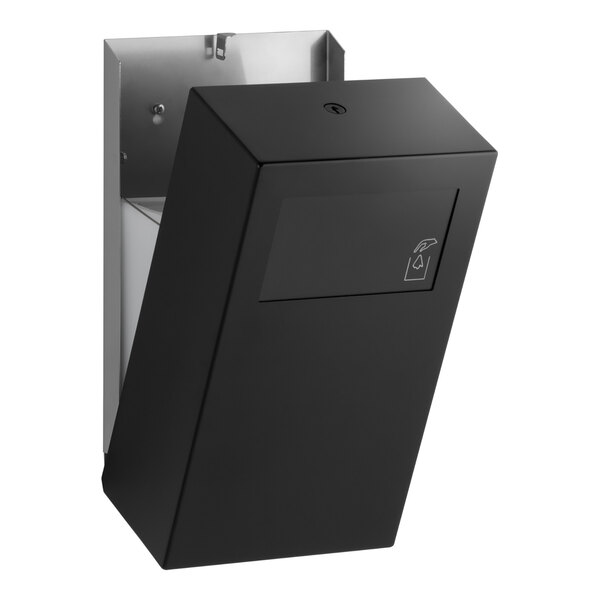 A surface-mounted sanitary napkin disposal unit with a matte black finish.