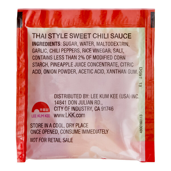 A single-serve packet of Lee Kum Kee Thai Style Sweet Chili Sauce.