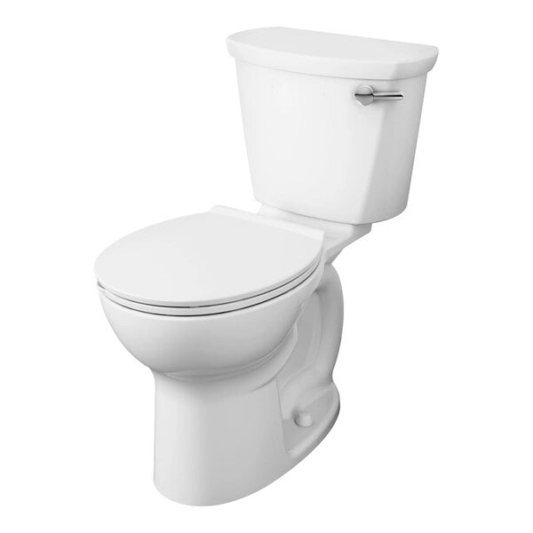 A white floor-mount, chair height round toilet with a tank and chrome flush handle.