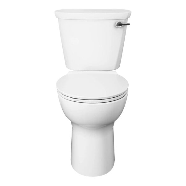 A white floor-mount, chair height round toilet made of vitreous china with a 12-inch rough-in and 1.28 gallons per flush.