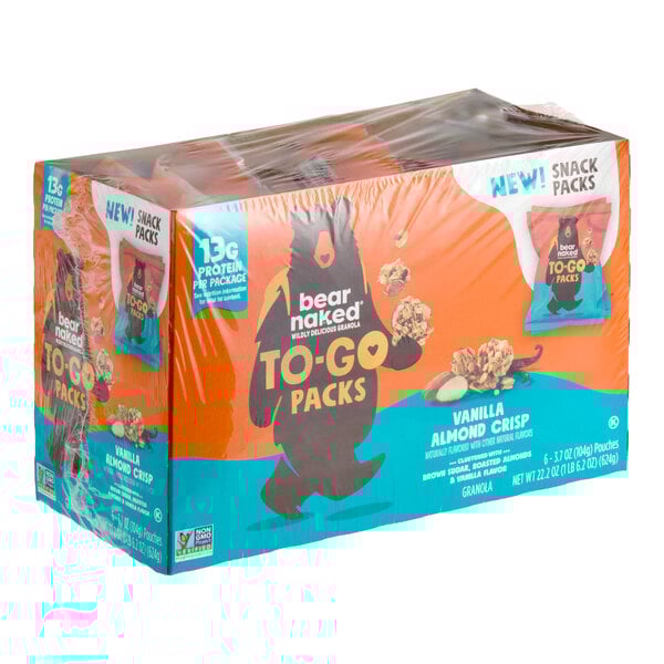 A case of Bear Naked Vanilla Almond Granola To-Go Packs, each pack weighing 3.7 oz, with 36 packs per case.