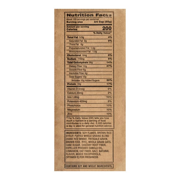 A brown paper package displaying the nutrition facts and ingredients for Kashi GO Cinnamon Crunch Cereal.