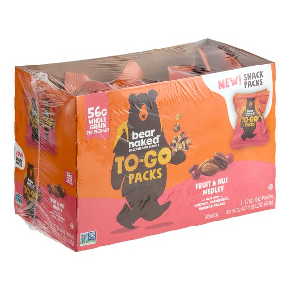 A case of Bear Naked Fruit and Nut Medley Granola To-Go Packs, each pack containing 3.7 oz of granola.