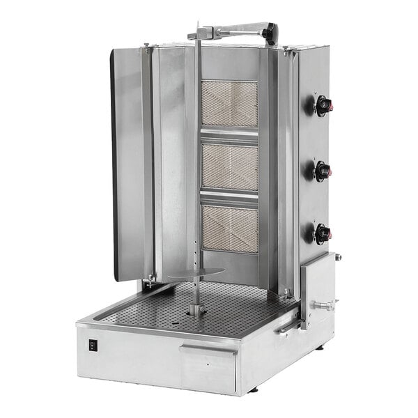 A stainless steel vertical broiler with three burners and a rotating spit, designed for commercial kitchen use.