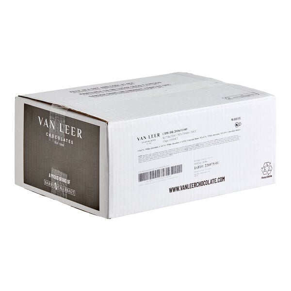 A large white box of Van Leer 10M white chocolate chips weighing 30 pounds.