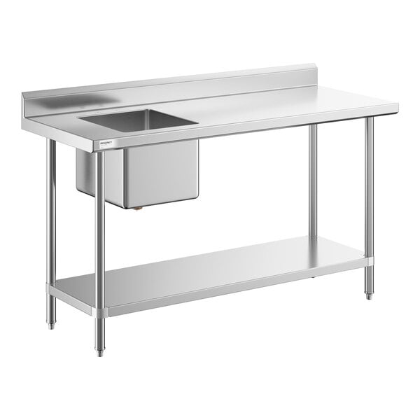 A stainless steel work table with a left-side sink and an undershelf.