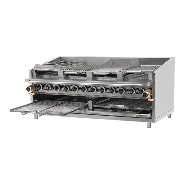 A large stainless steel natural gas radiant charbroiler with multiple control knobs and grilling surfaces.