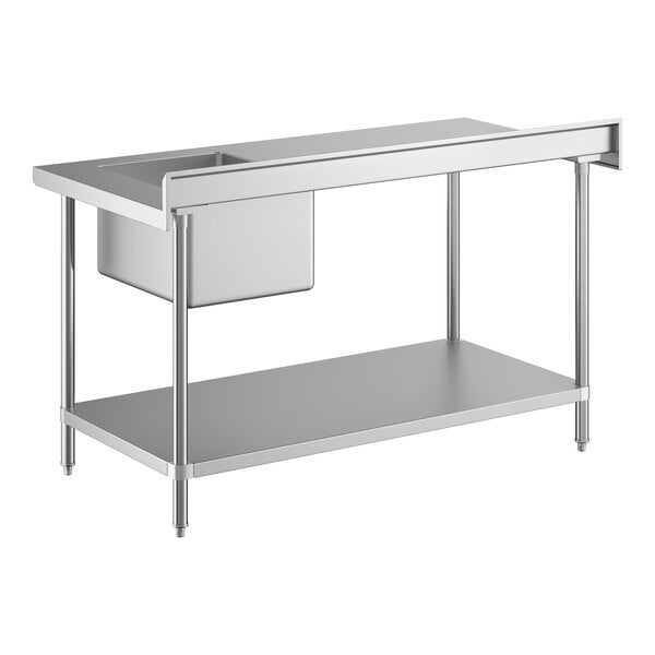 A stainless steel work table with a right-side sink and an undershelf.
