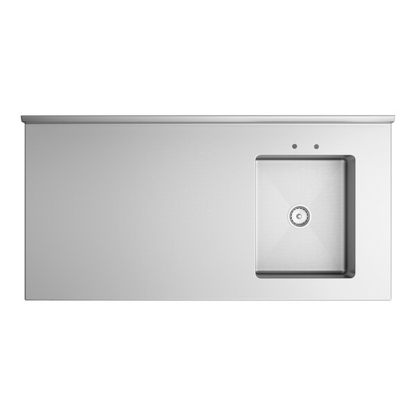 A stainless steel work table with an integrated sink on the right side and two faucet holes.
