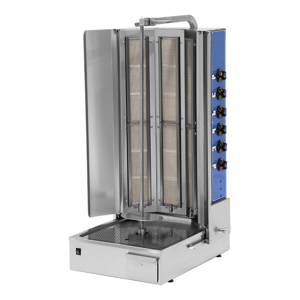 A heavy-duty vertical broiler with a blue control panel and multiple knobs, designed for cooking large quantities of meat.