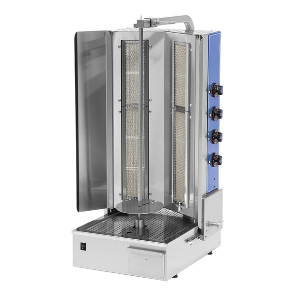 A commercial natural gas vertical broiler with a stainless steel body, vertical spit, and control knobs on the side.