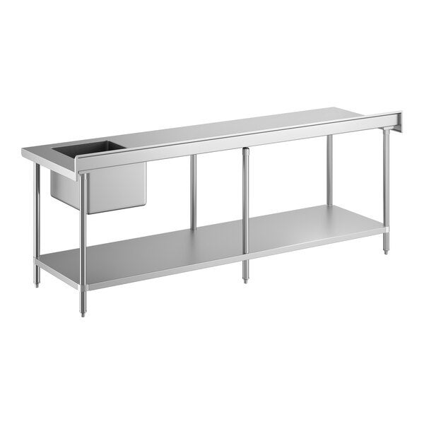 A stainless steel work table with an undershelf and a sink positioned on the right side.