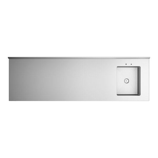 A stainless steel work table with an integrated sink on the right side and an undershelf.