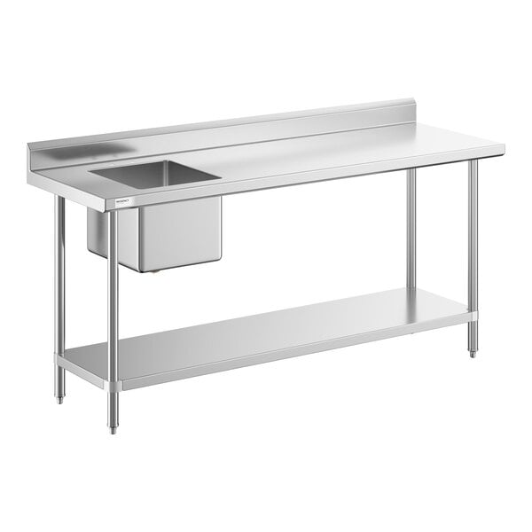 A stainless steel work table with a left-side sink and an undershelf.