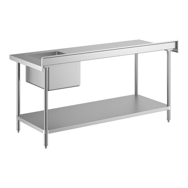 A stainless steel work table with a right-side sink and an undershelf.