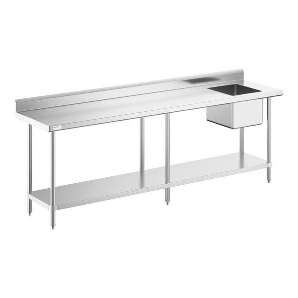 A stainless steel work table with an undershelf and a right-side sink.