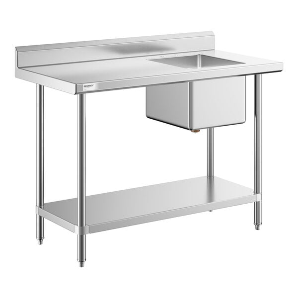 A stainless steel work table with a right-side sink and an undershelf.