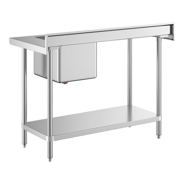 A stainless steel work table with a right-side sink and an undershelf.