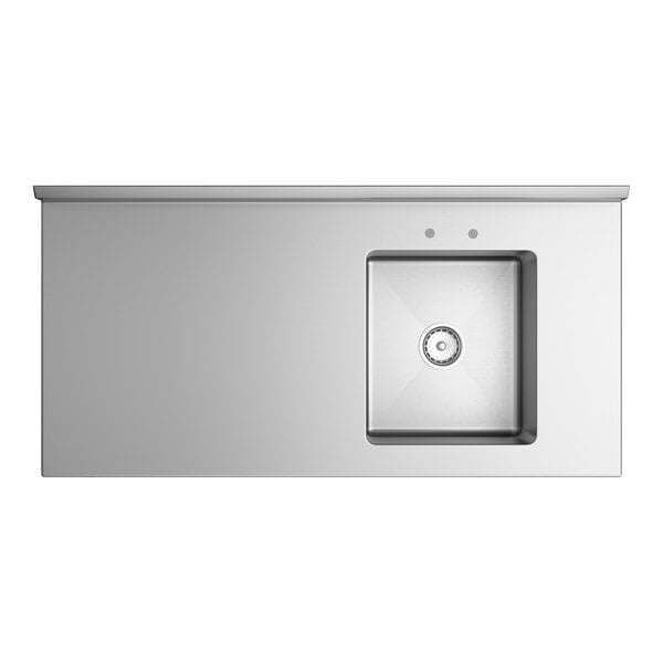 A stainless steel work table with an integrated sink on the right side and two faucet holes.