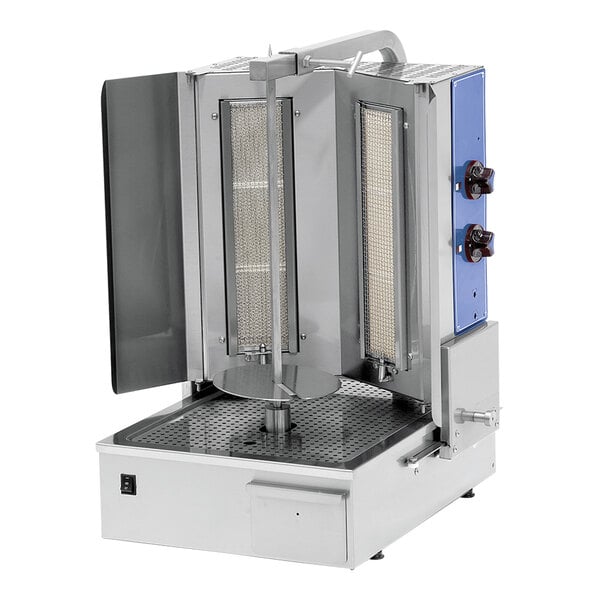 A heavy-duty natural gas vertical broiler with a stainless steel body, dual burners, and a rotating spit for cooking meats.