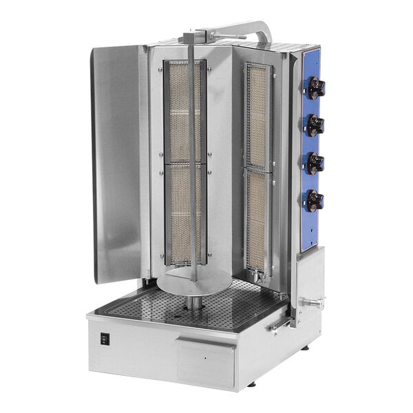 A stainless steel natural gas vertical broiler with four control knobs and a rotating spit for cooking meat.