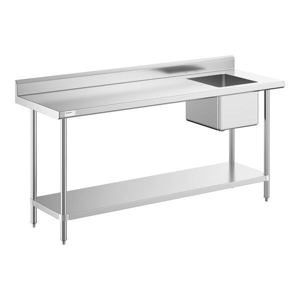 A stainless steel work table with a right-side sink and an undershelf.
