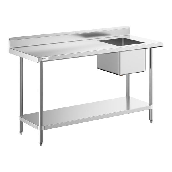A stainless steel work table with a right-side sink and an undershelf.
