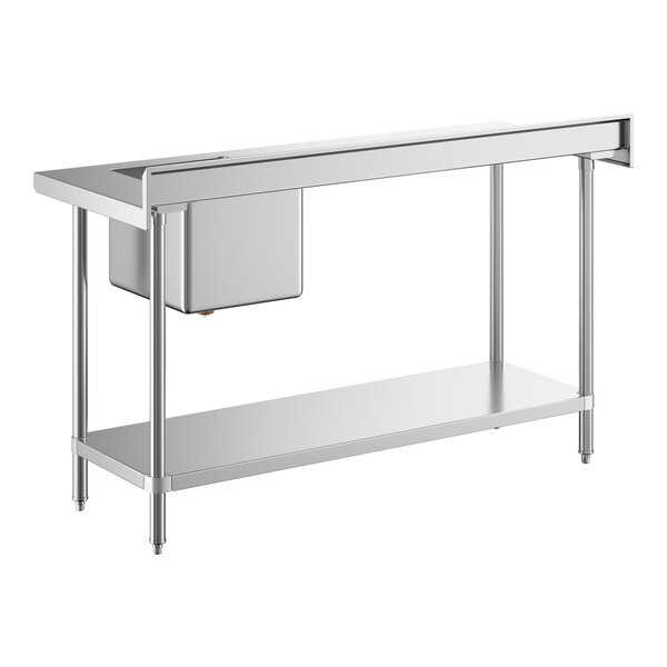 A stainless steel work table with a right-side sink and an undershelf.