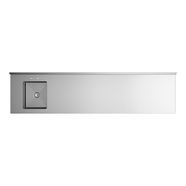 A stainless steel work table with an integrated sink on the left side and an undershelf.