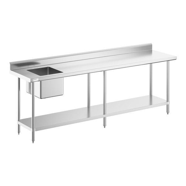 A stainless steel work table with a left-side sink and an undershelf.