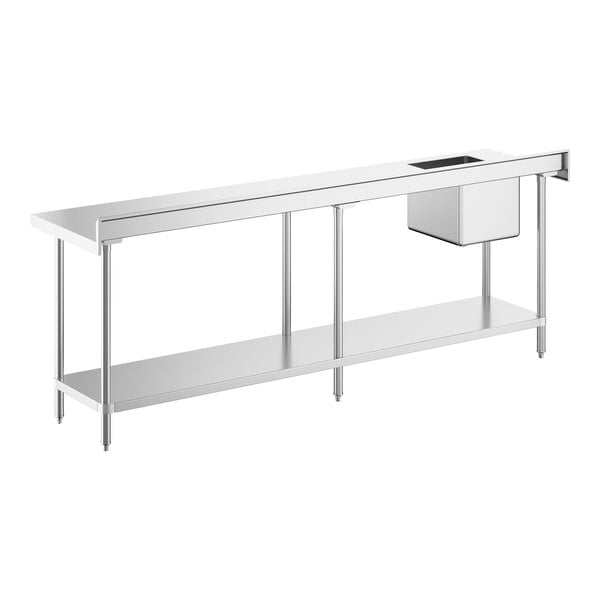 A long stainless steel work table with an integrated sink on the left side and an undershelf.