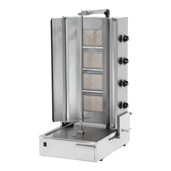 A heavy-duty vertical broiler for cooking meats, featuring four burners and a rotating spit, designed for commercial use.
